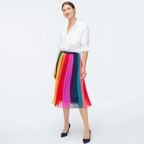 NWT J.Crew Sunburst Pleated Midi in Rainbow Colorblock Stripe A-line Skirt 2 - Picture 2 of 8